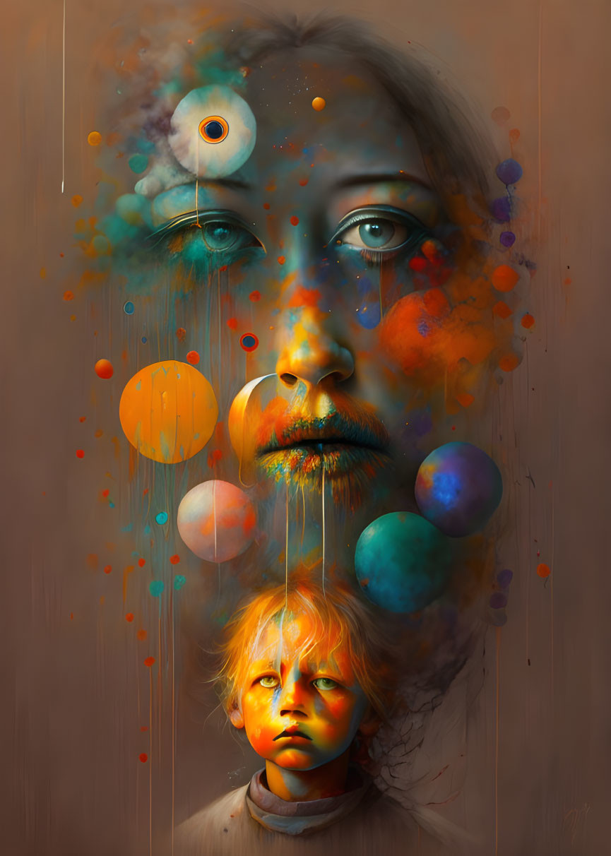 Colorful surreal portrait with woman and child faces merging with orbs