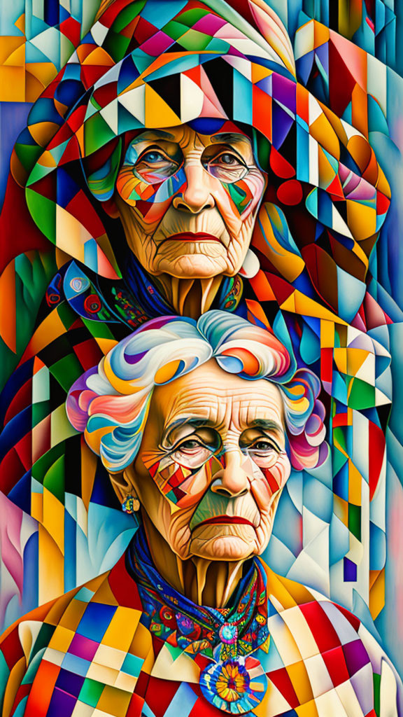 Vibrant geometric painting of two elderly women with detailed expressions