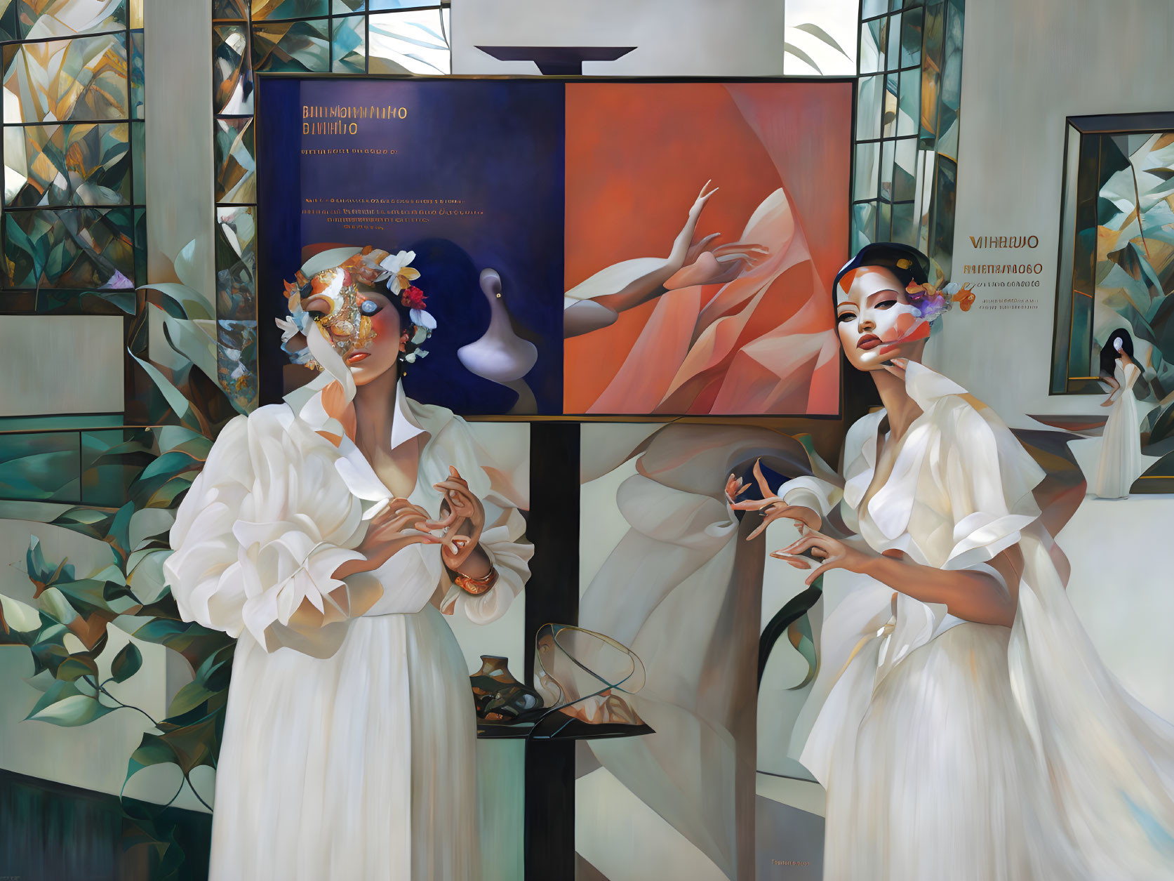 Two women in white outfits with artistic masks mirroring each other in a room with abstract paintings