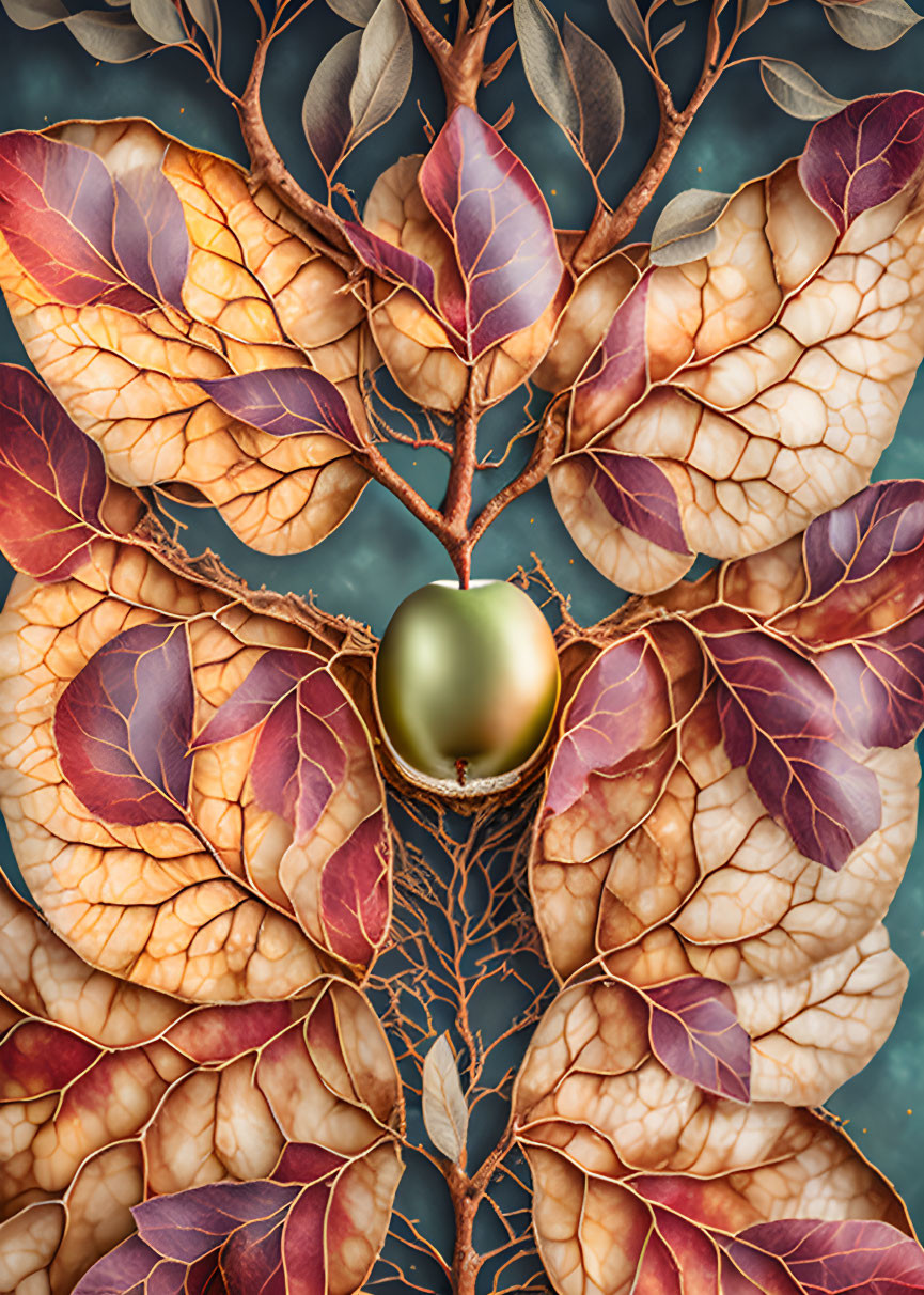 Intricate golden egg on branches with gold, purple, and brown leaves on teal background