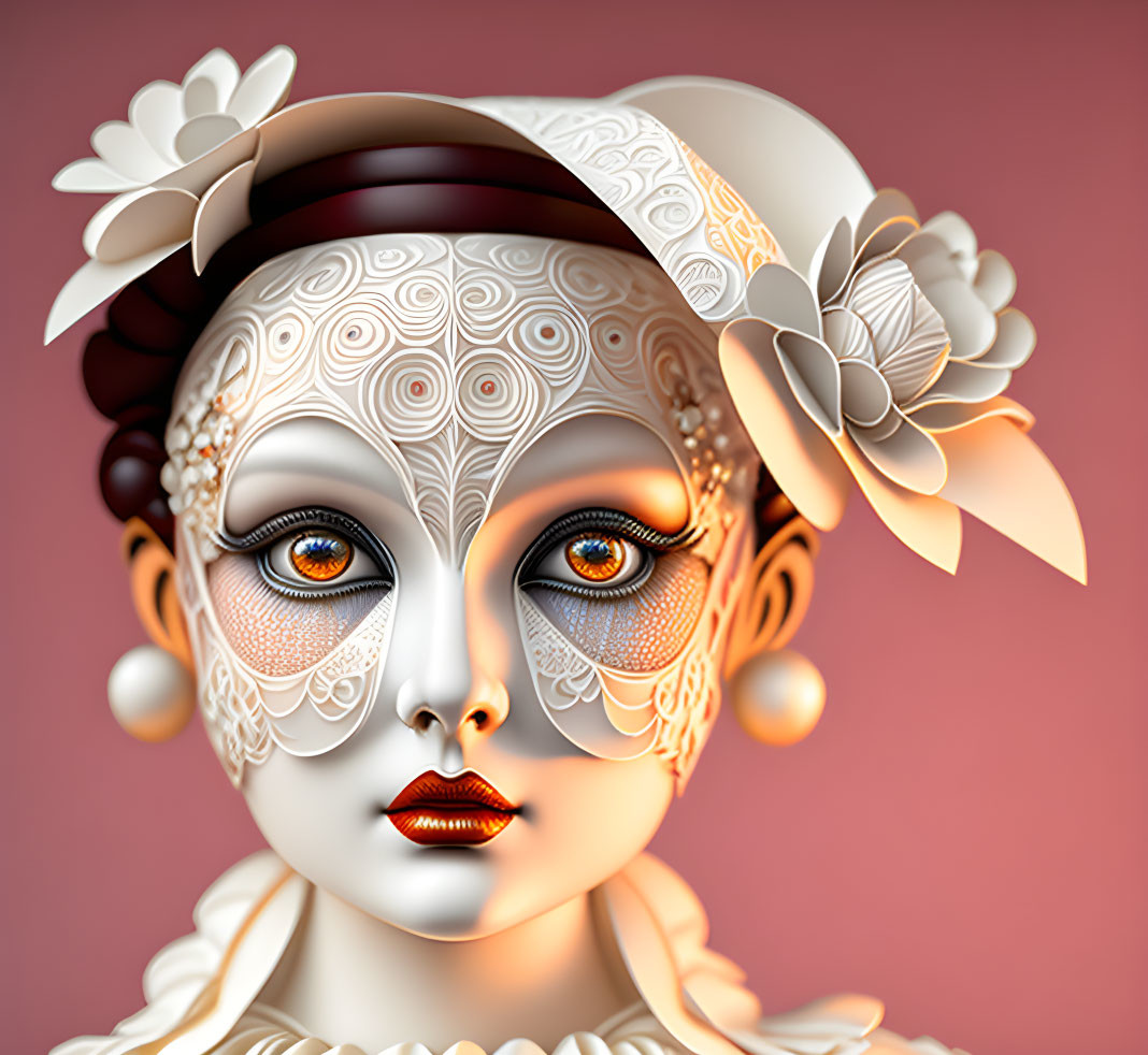 Stylized female figure with intricate white facial design, adorned with flowers and pearls