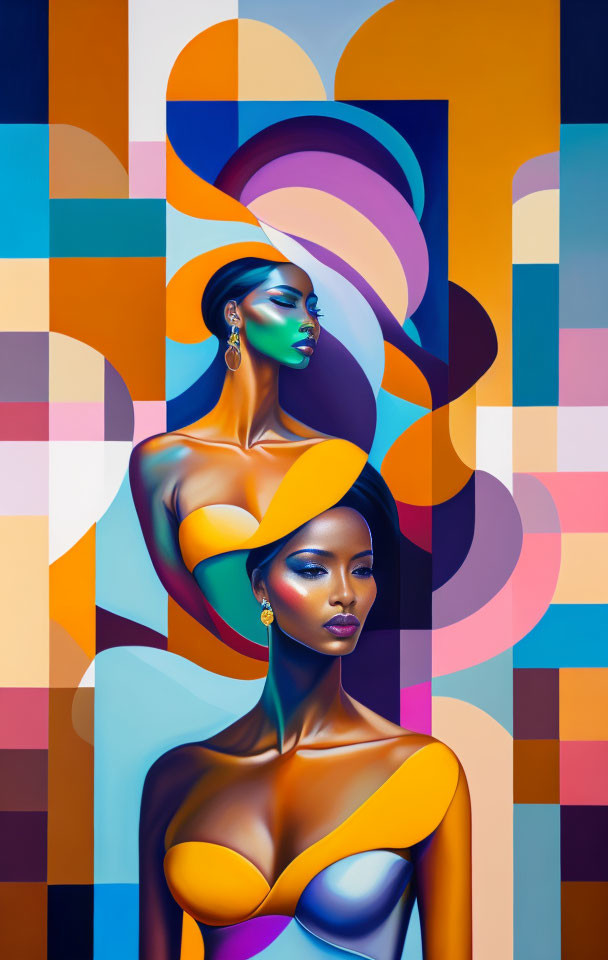 Colorful Abstract Painting: Two Women Profiles in Elegant Poses