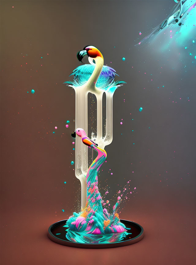 Surreal flamingo artwork with vibrant feathers in liquid form