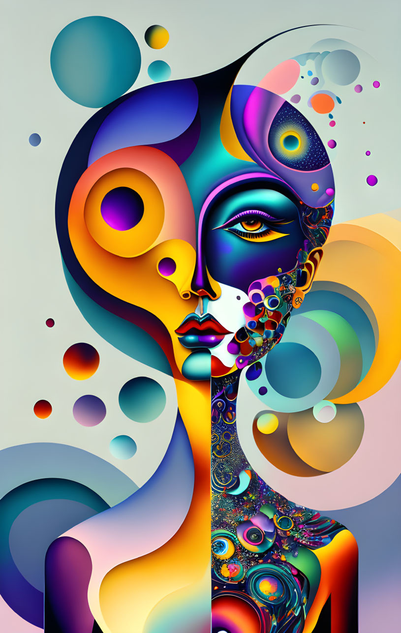 Colorful abstract artwork featuring stylized female figure with swirling patterns and bubbles.