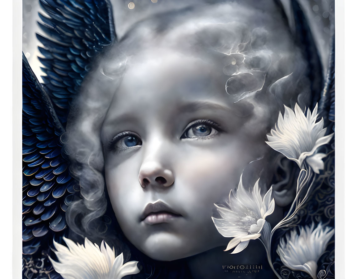 Monochromatic child portrait with angelic wings and flowers