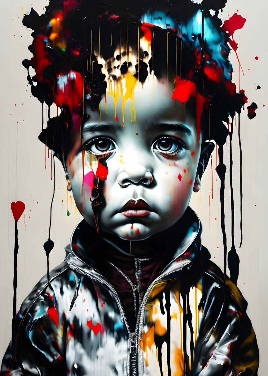 Vibrant portrait of a child with expressive eyes and paint streaks