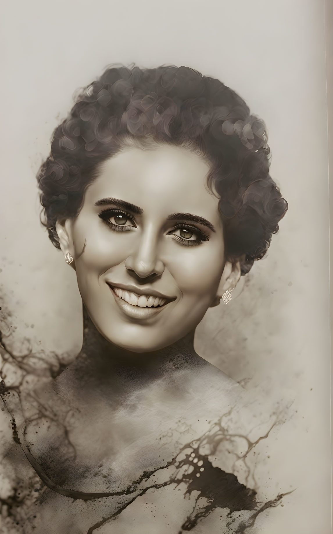 Sepia-toned portrait of woman with curly hair and earrings