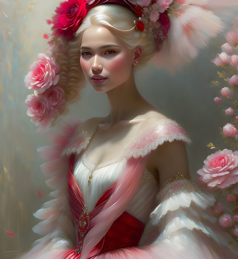 Platinum Blonde Woman with Pink Flowers and Feathered Dress