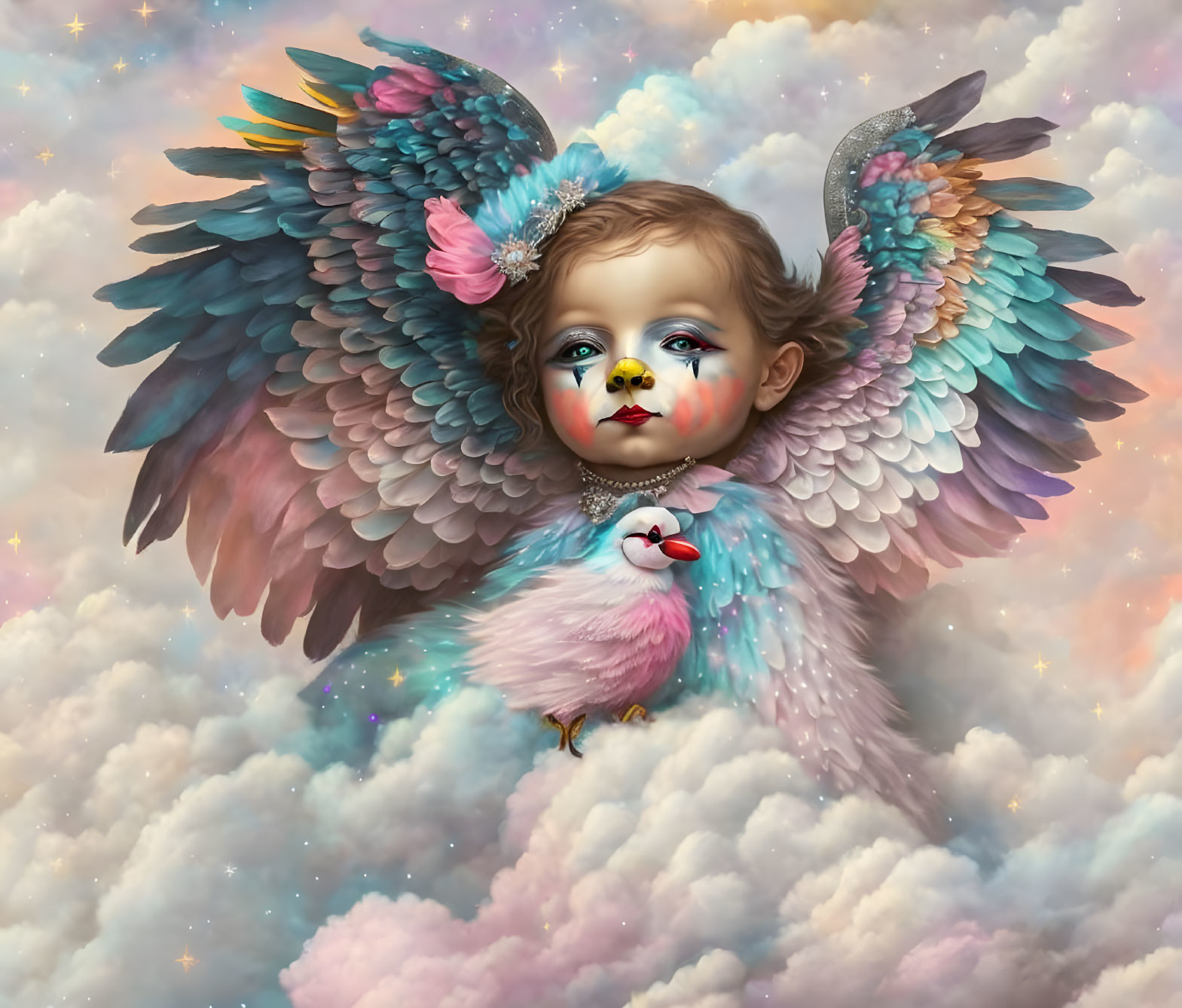 Colorful winged child holding bird in dreamy sky