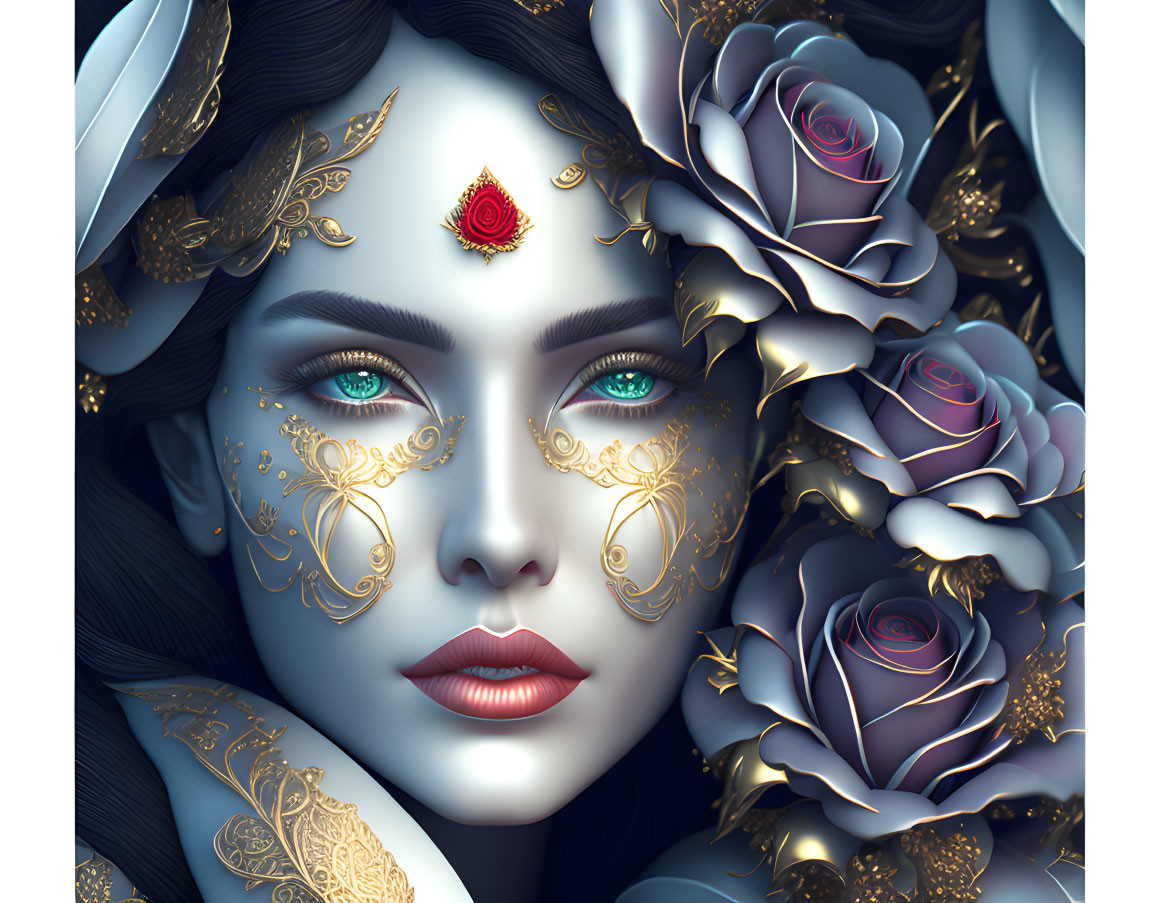 Detailed illustration: Woman with gold patterns, red jewel, surrounded by lavender roses