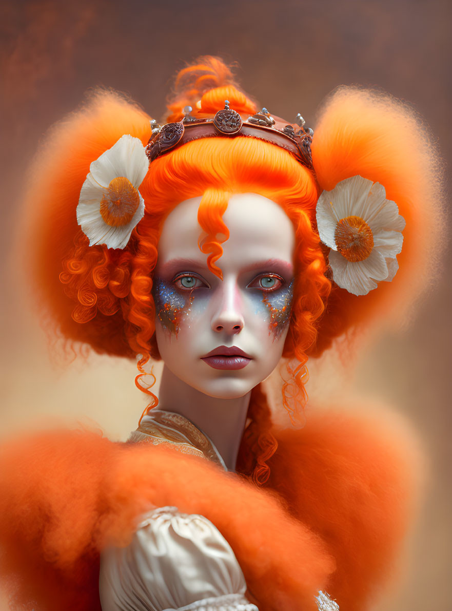 Vibrant red hair with orange poofs, white flowers, and blue gem-like makeup portrait.