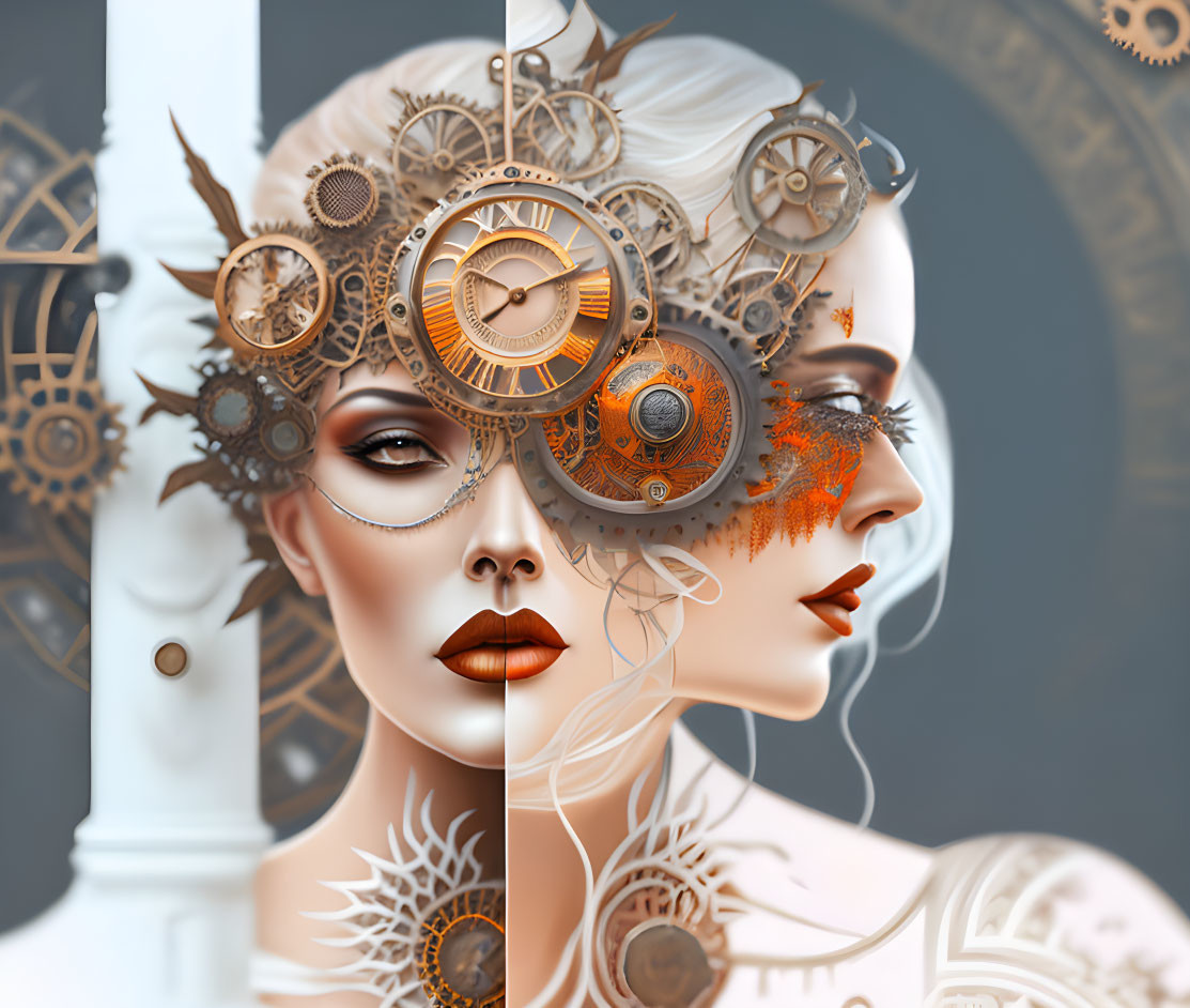 Split-image of woman: normal vs. steampunk gear face