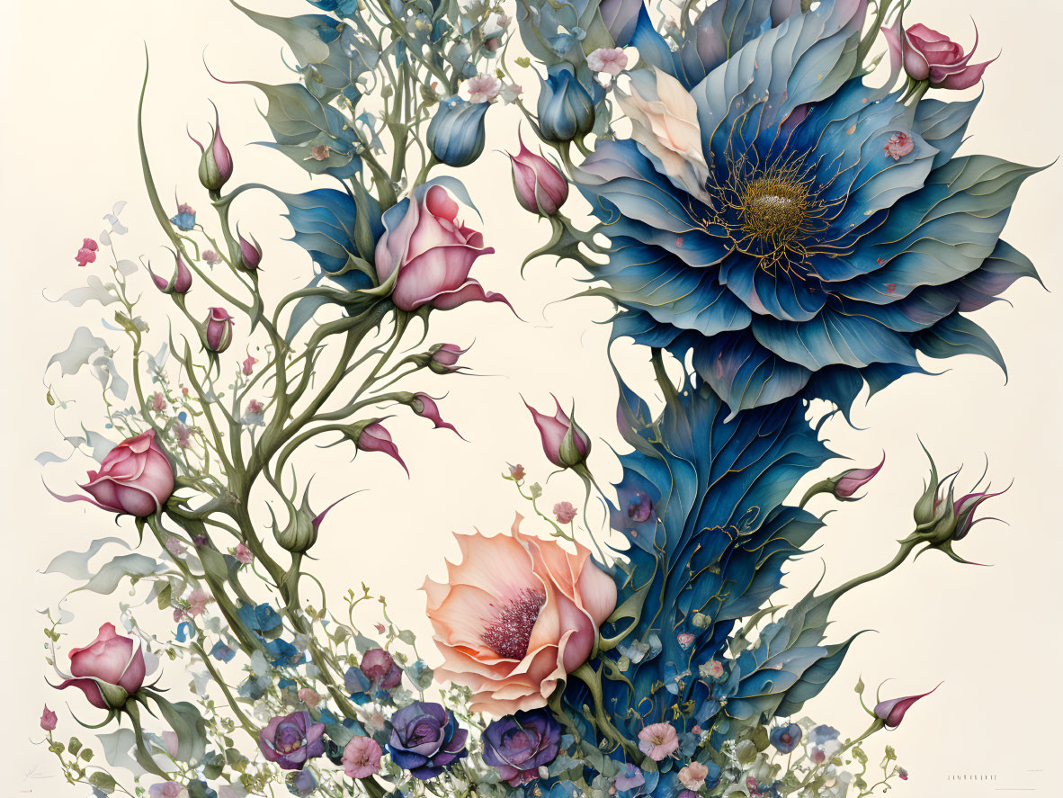 Detailed Illustration of Blue Blossom Surrounded by Pink Flowers and Green Foliage