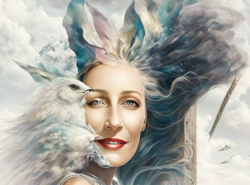 Smiling woman with cosmic and feathered motif holding white owl against cloudy sky