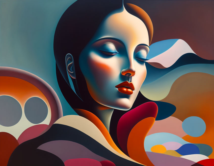 Surrealist painting of serene woman with flowing shapes and vibrant colors