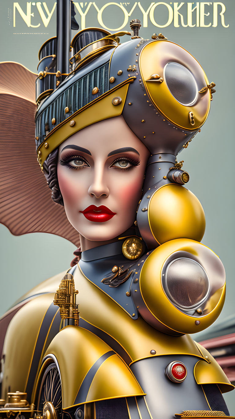 Steampunk-style female figure with mechanical features and ship-like headdress