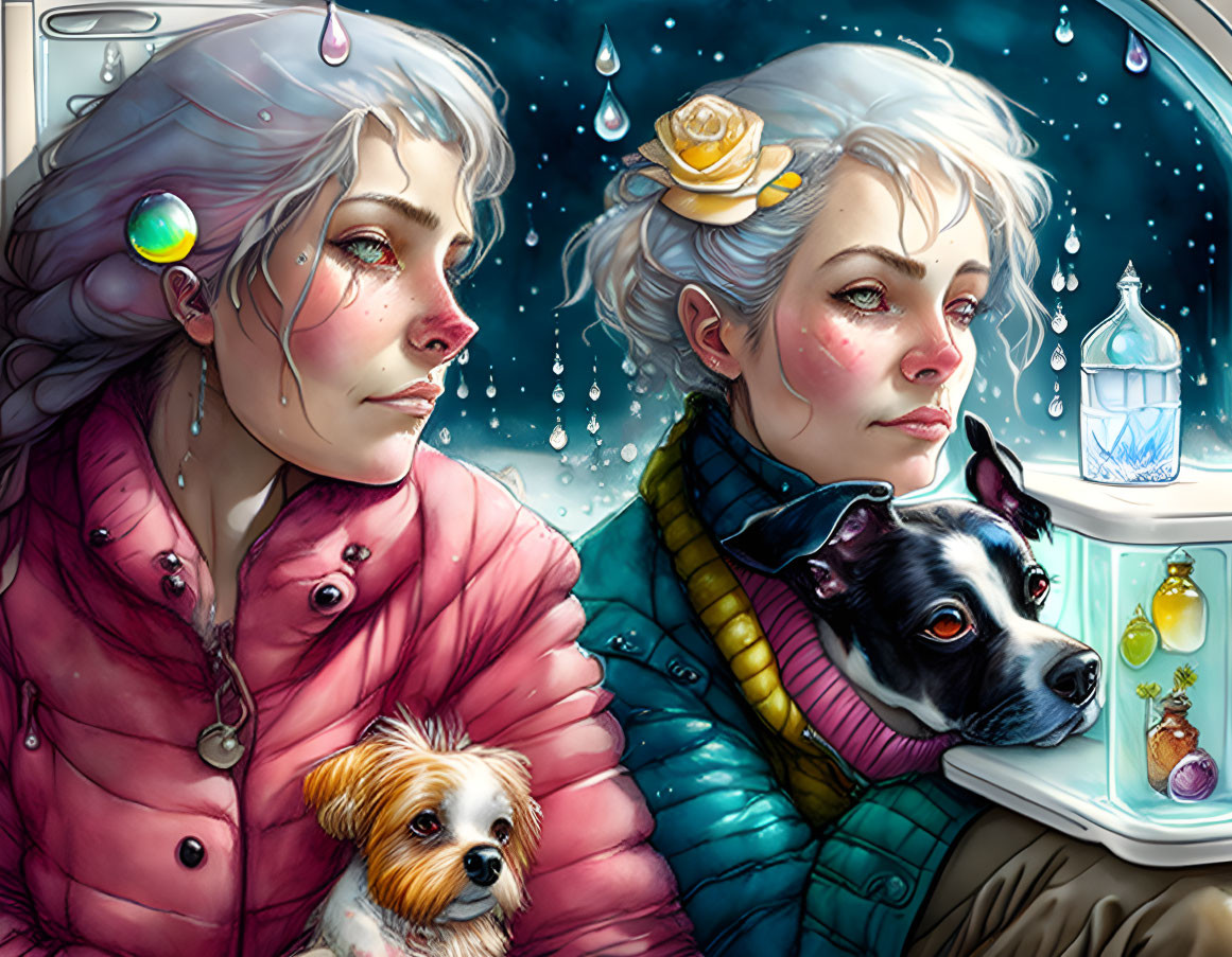 Two women, dogs, lantern, and magical elements in snowy scene