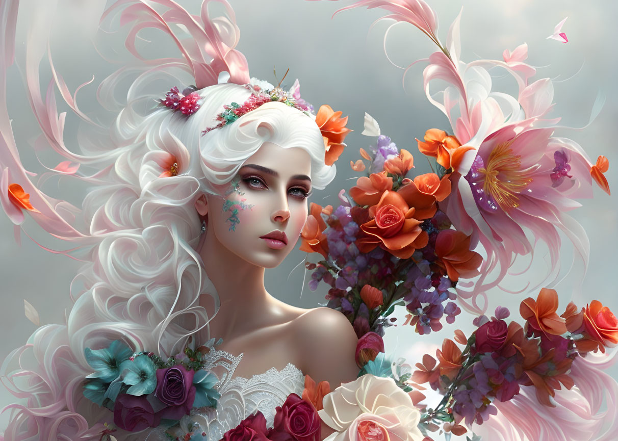 Illustrated ethereal woman with white hair, flowers, and butterflies on dreamy background