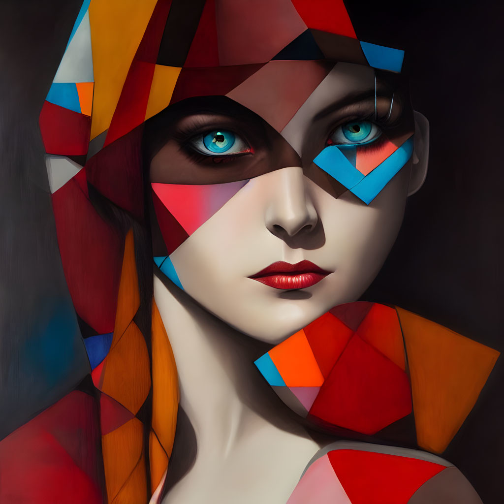 Colorful Geometric Patterns on Woman's Face with Blue Eyes