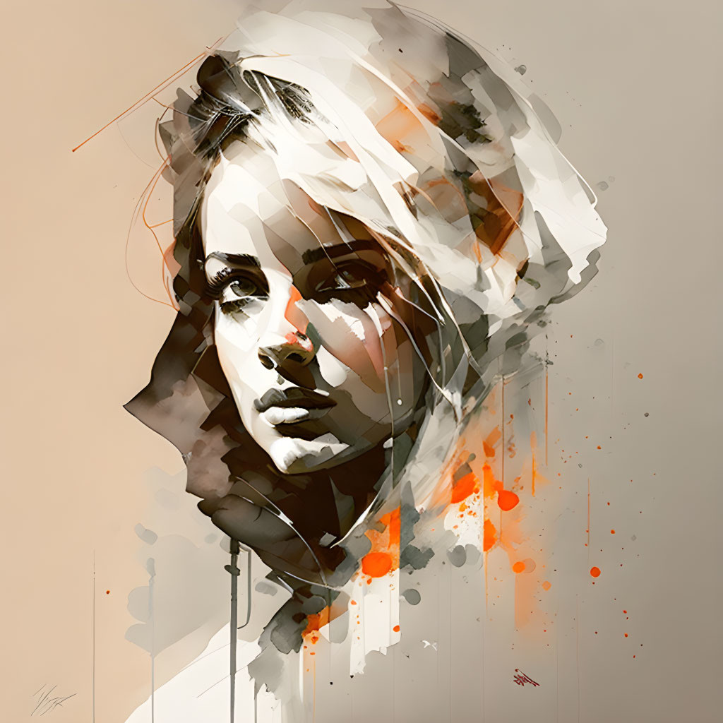 Abstract Woman Portrait with Orange and Black Splashes on Neutral Background