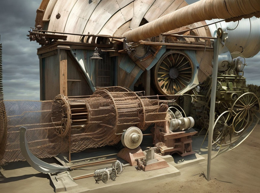 Steampunk wooden sphere with vintage engine and gears under cloudy sky