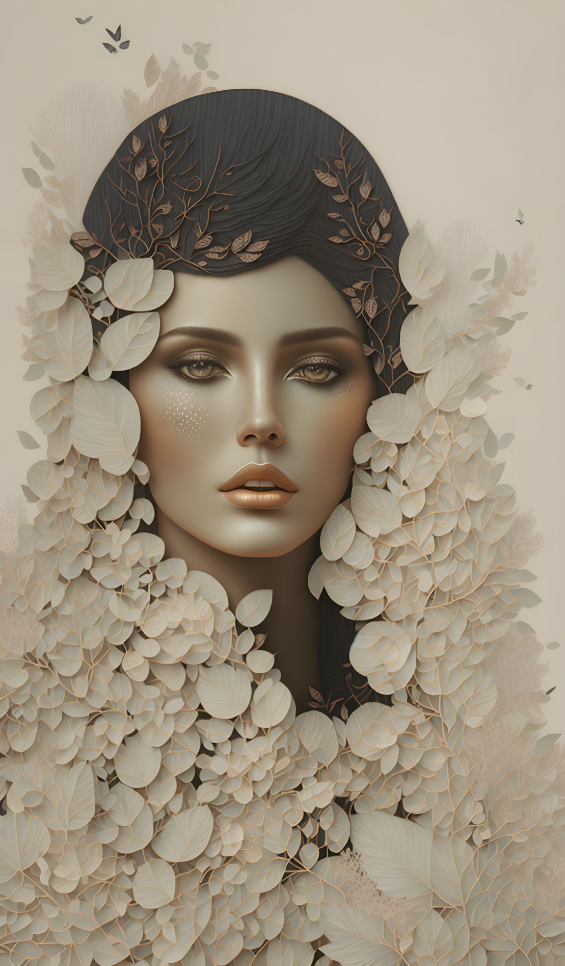 Woman adorned with leaves and branches in harmonious earth tones