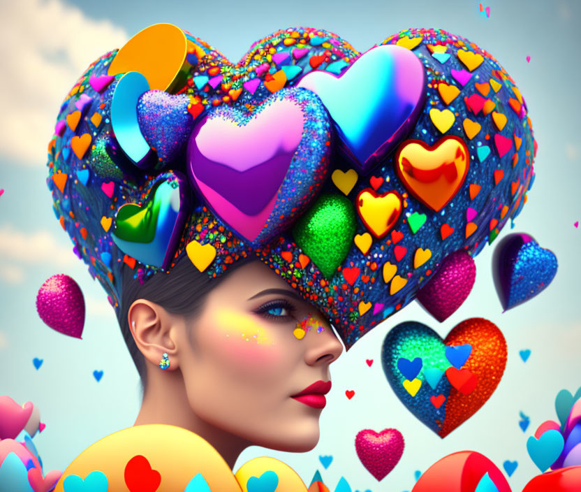 Colorful Heart-Shaped Headdress on Woman in Digital Art