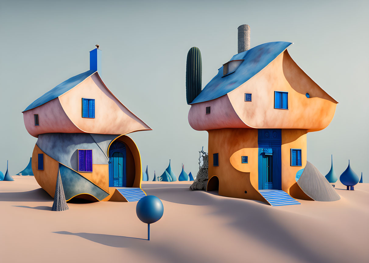 Whimsical distorted houses on sandy surface with stylized trees