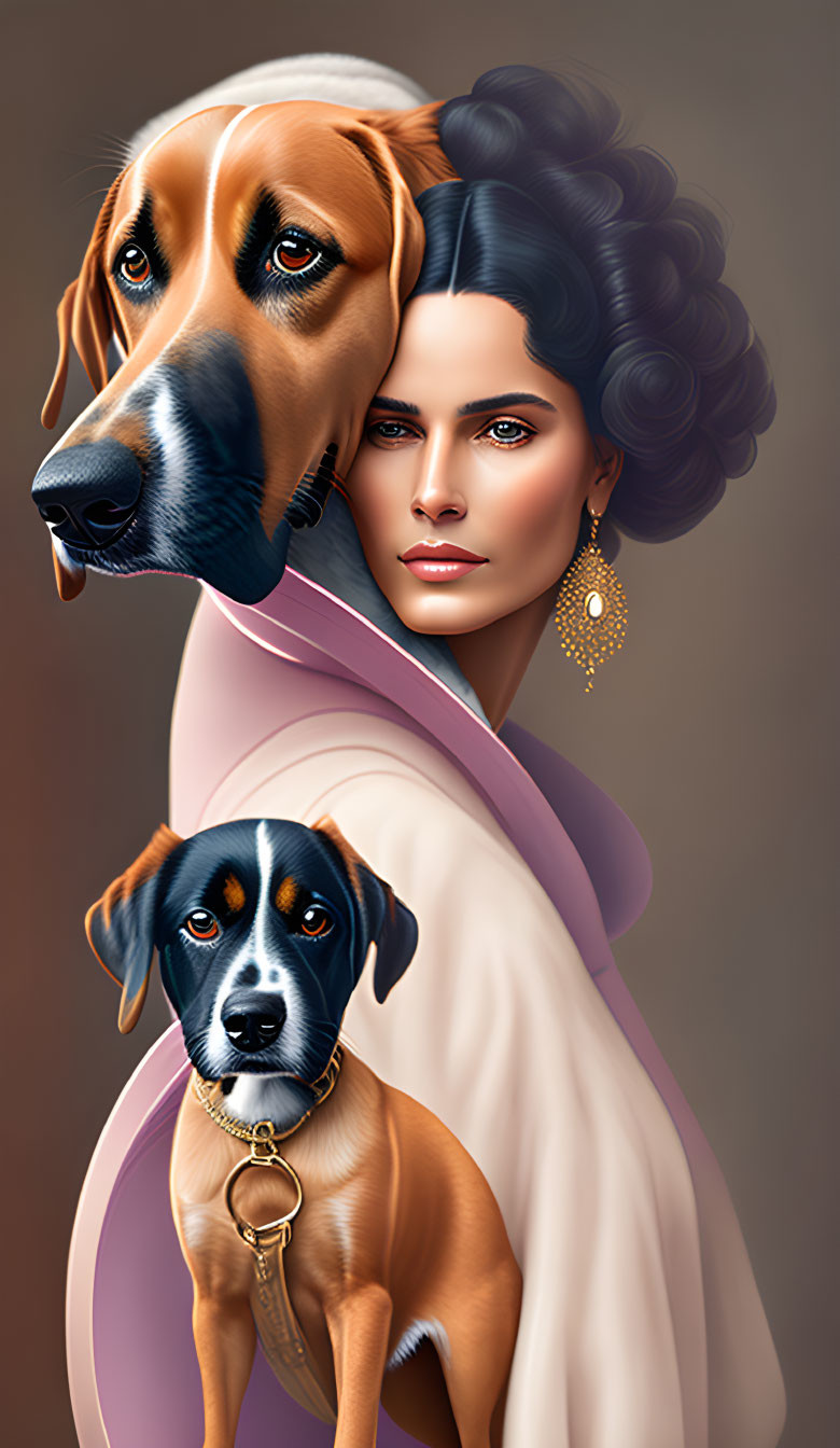 Artistic image of woman with stylized hair and makeup merged with dog heads