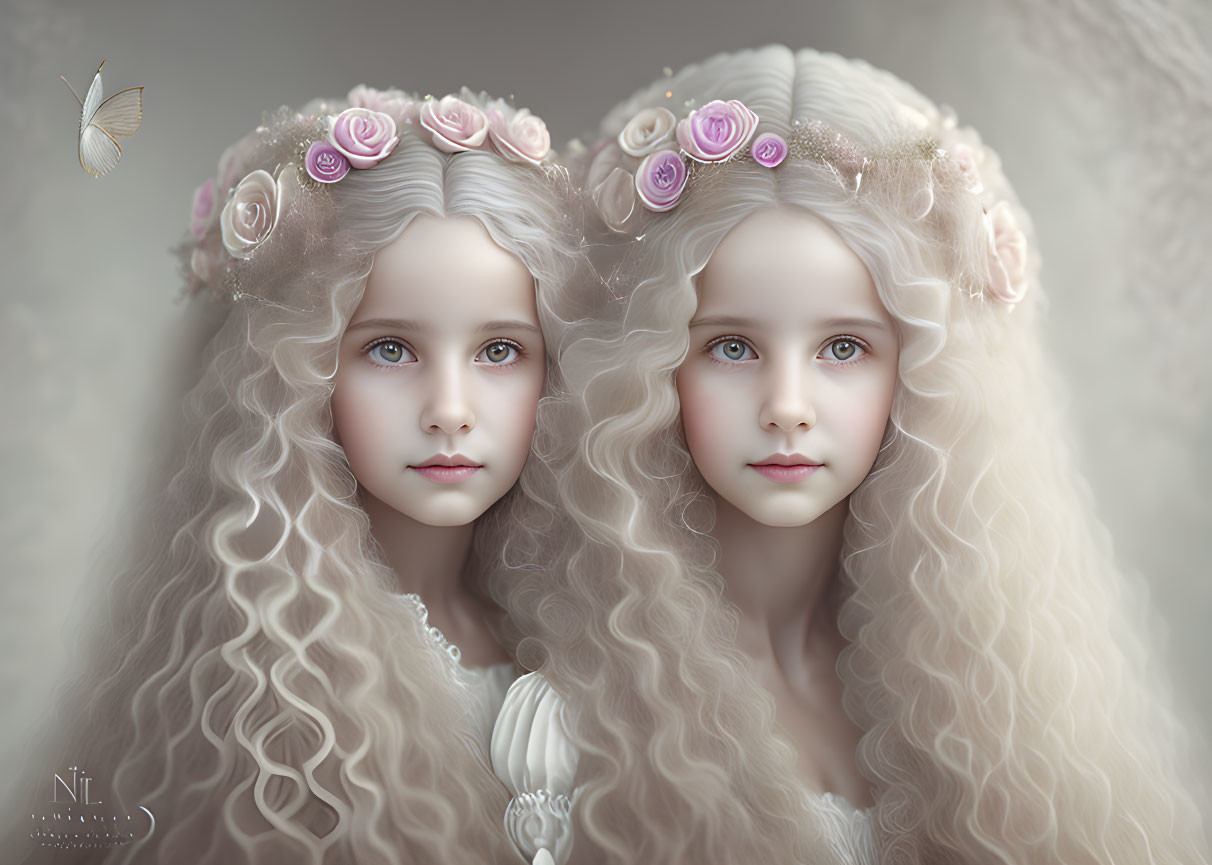 Two pale twin girls with blond hair and flower crowns, next to a butterfly