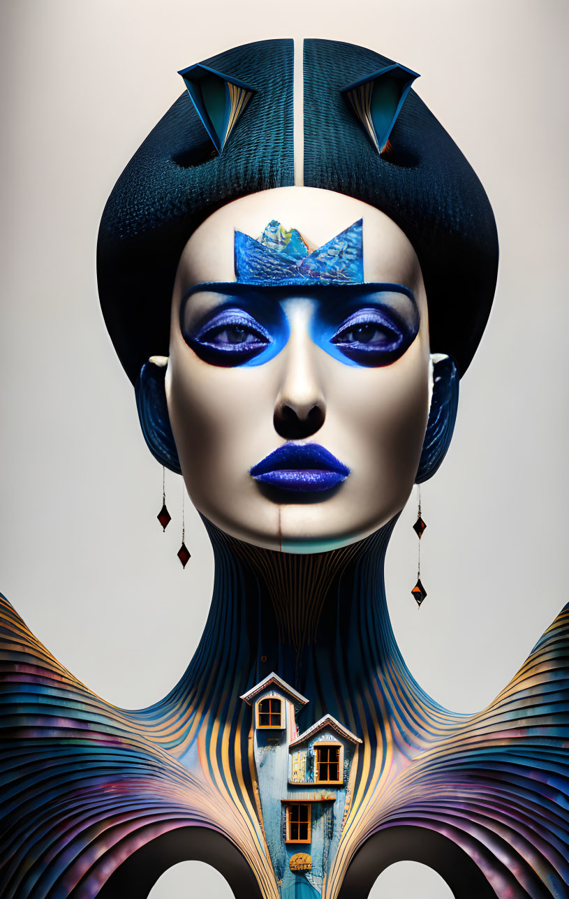 Surreal portrait of person with blue makeup and ornate headgear