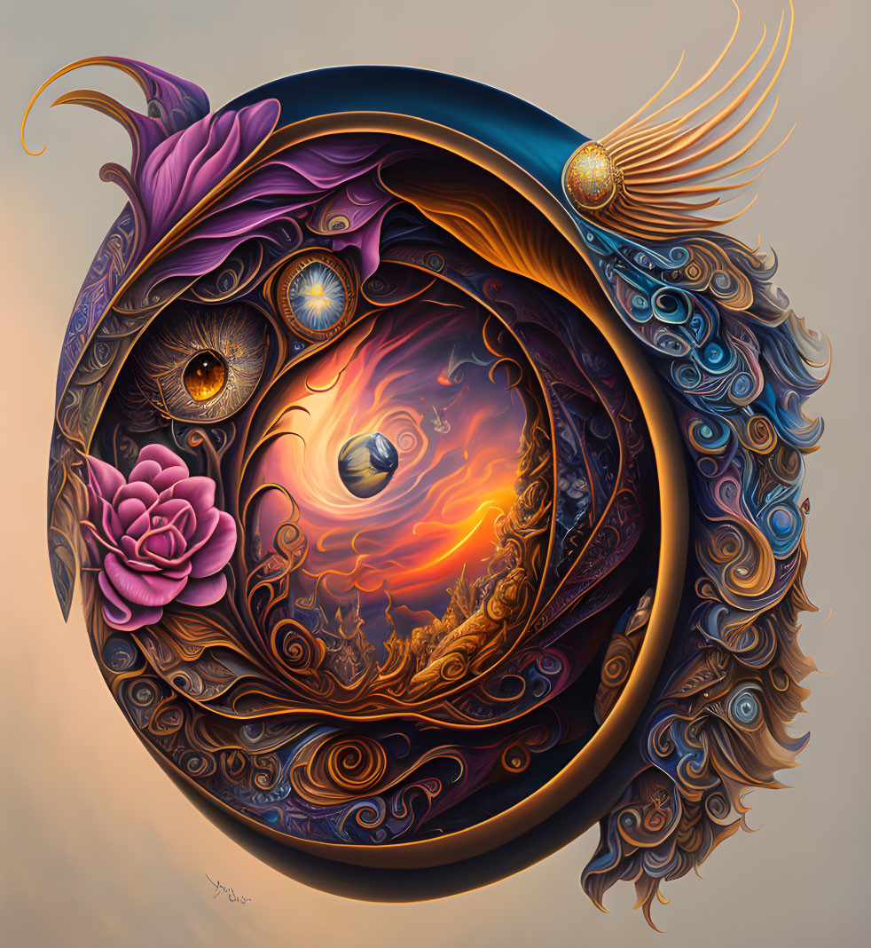 Circular surreal artwork: eye, swirling patterns, vibrant sunset, winged sphere, pink rose