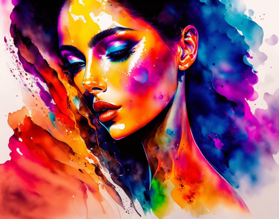 Colorful Watercolor Illustration of Woman with Vibrant Splashes