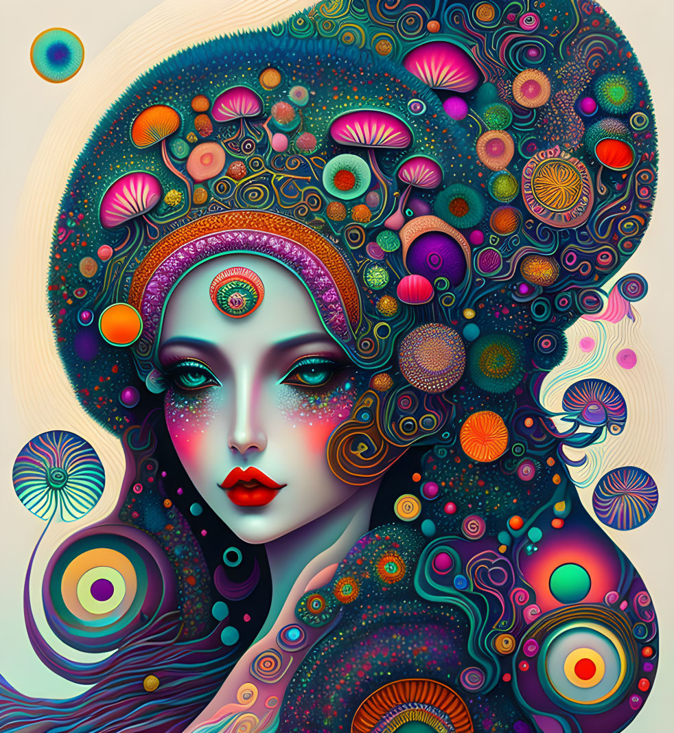 Colorful surrealistic woman illustration with psychedelic patterns