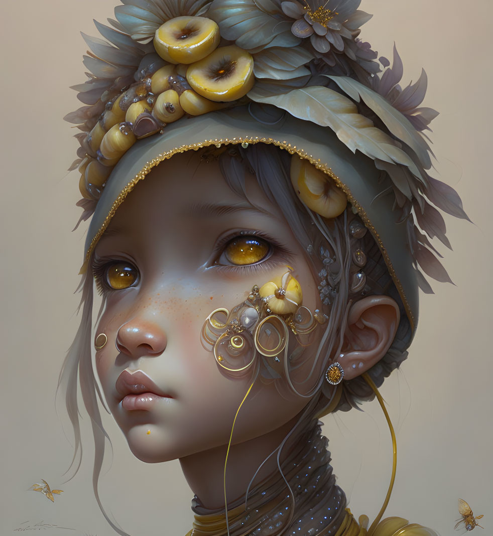 Digital portrait of girl with ornate banana, leaf, and gold accessories and serene expression with bees