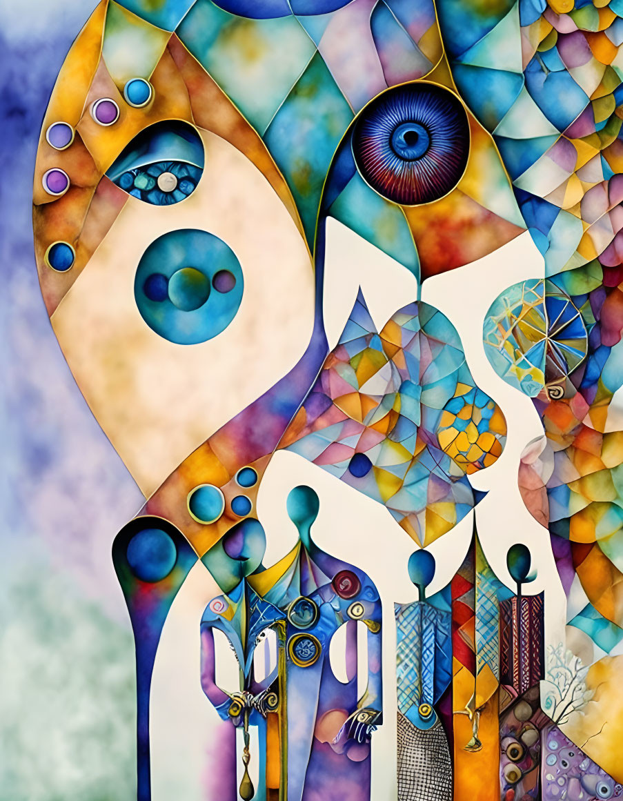 Colorful Abstract Painting with Geometric Shapes and Stylized Eyes