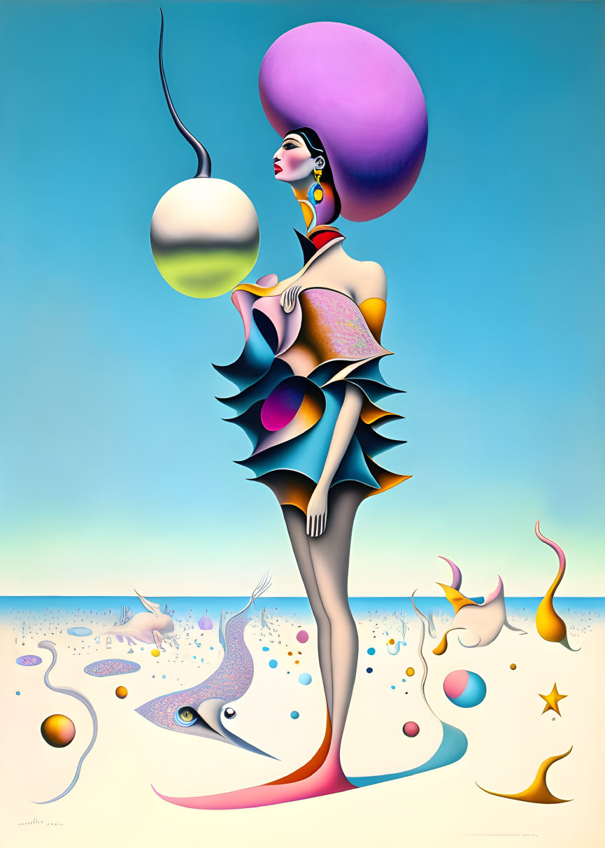 Colorful surreal artwork: stylized woman in round hat in whimsical landscape