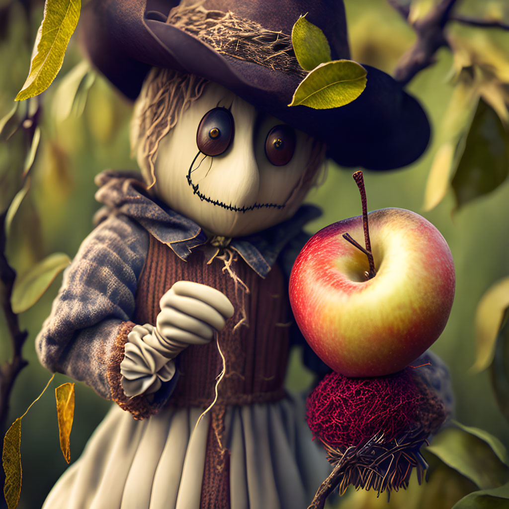 Whimsical scarecrow illustration with button eyes and red apple