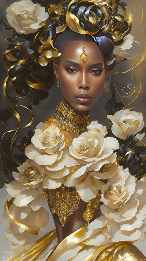 Regal woman with golden jewelry and black & gold roses