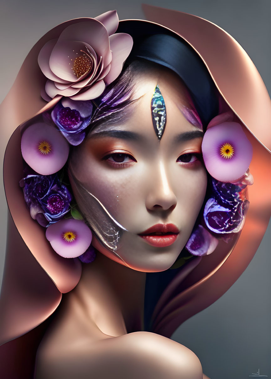 Digital artwork of woman with floral motif: rose-like structure around head, purple flowers on face