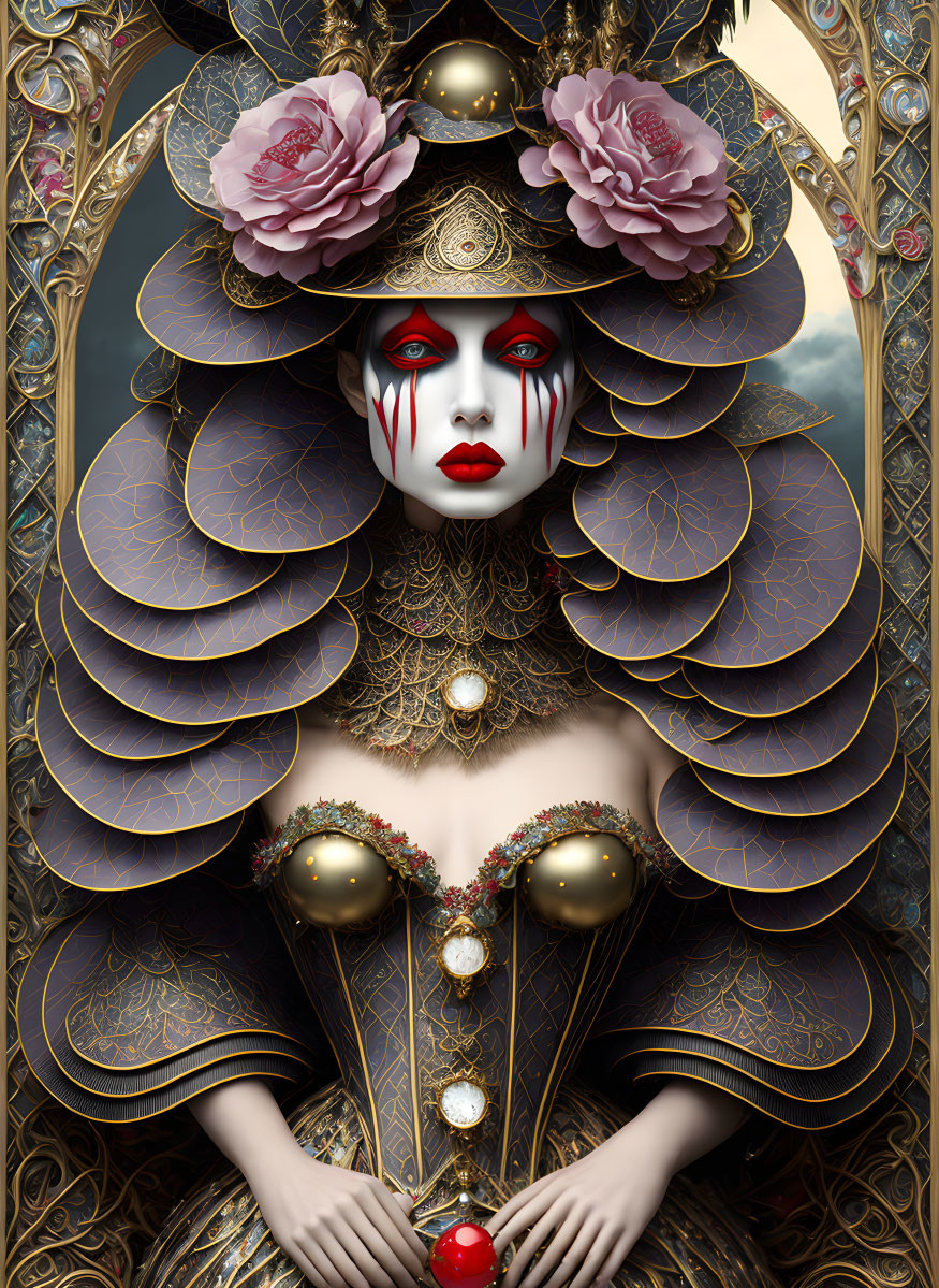 Stylized portrait of figure with dramatic red and white makeup and ornate golden accessories