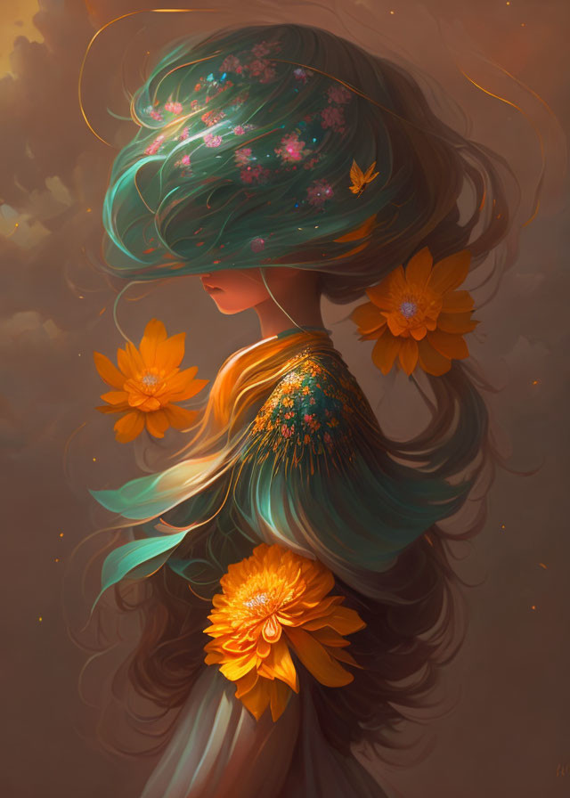 Illustration of person with flowing hair and floral adornments in autumn theme