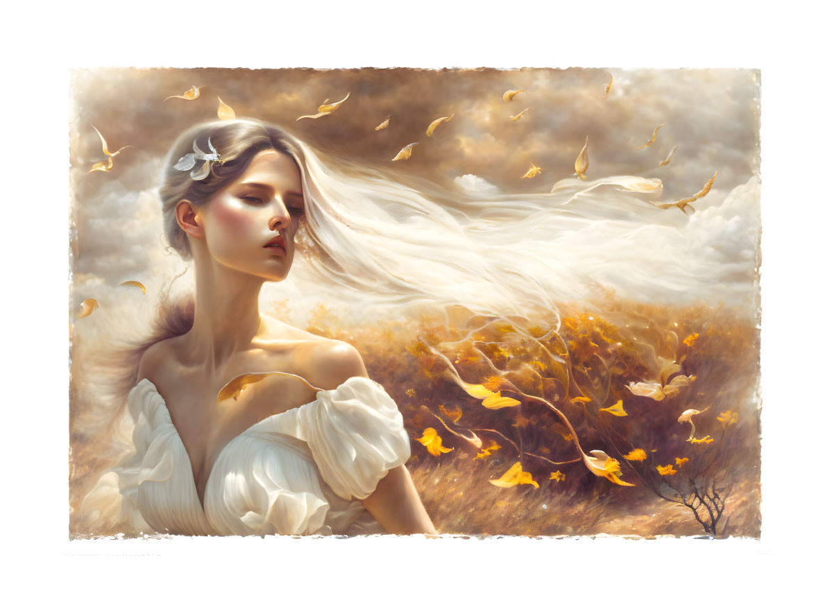 Woman in white dress with flowing hair surrounded by golden butterflies in natural setting