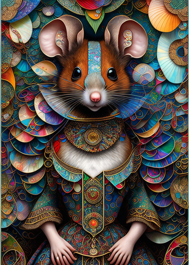 Colorful illustration of a mouse in ornate traditional attire