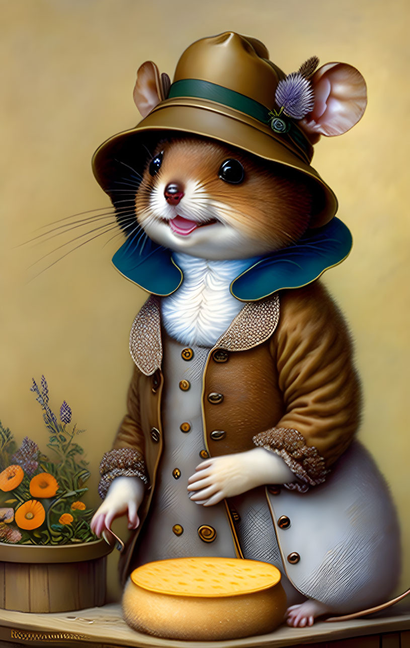 Anthropomorphic mouse in vintage attire with hat, leaning on cheese wheel near flowers.