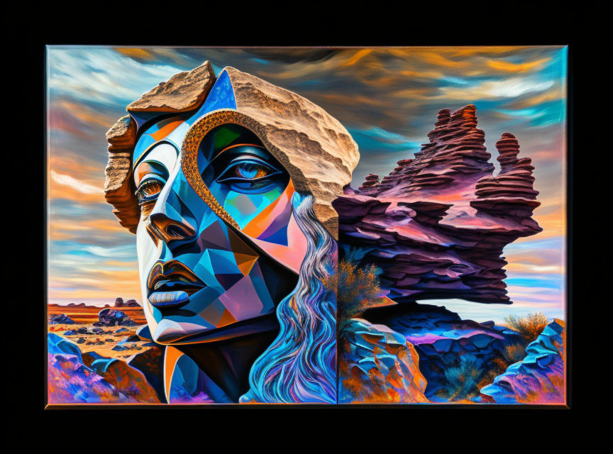 Surrealist Painting: Woman's Face Merging with Desert Landscape