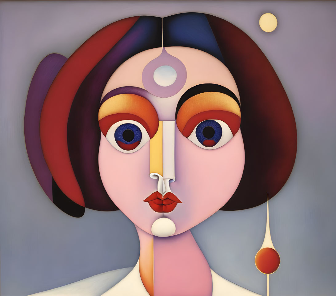 Symmetrical abstract portrait of a woman with large, expressive eyes