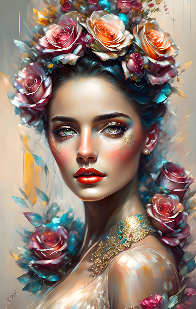 Vibrant digital portrait of woman with floral headpiece and gold accents