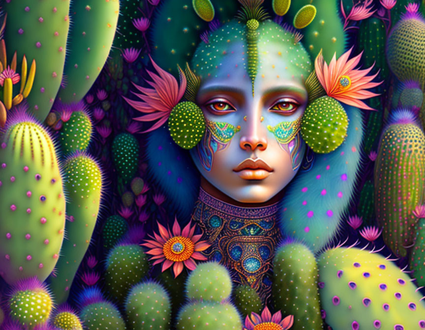 Vivid humanoid face with cactus and floral elements in fantasy botanical setting