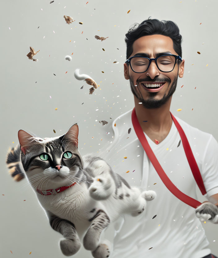 Man in glasses playfully tosses cat in the air with confetti